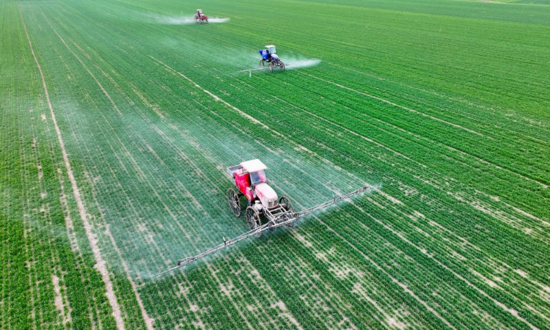 2024年2月18日，安徽省亳州市，利辛縣紀(jì)王場(chǎng)鄉(xiāng)孫老家村麥田，農(nóng)民駕駛自走式高桿噴霧機(jī)對(duì)小麥進(jìn)行噴藥作業(yè)。